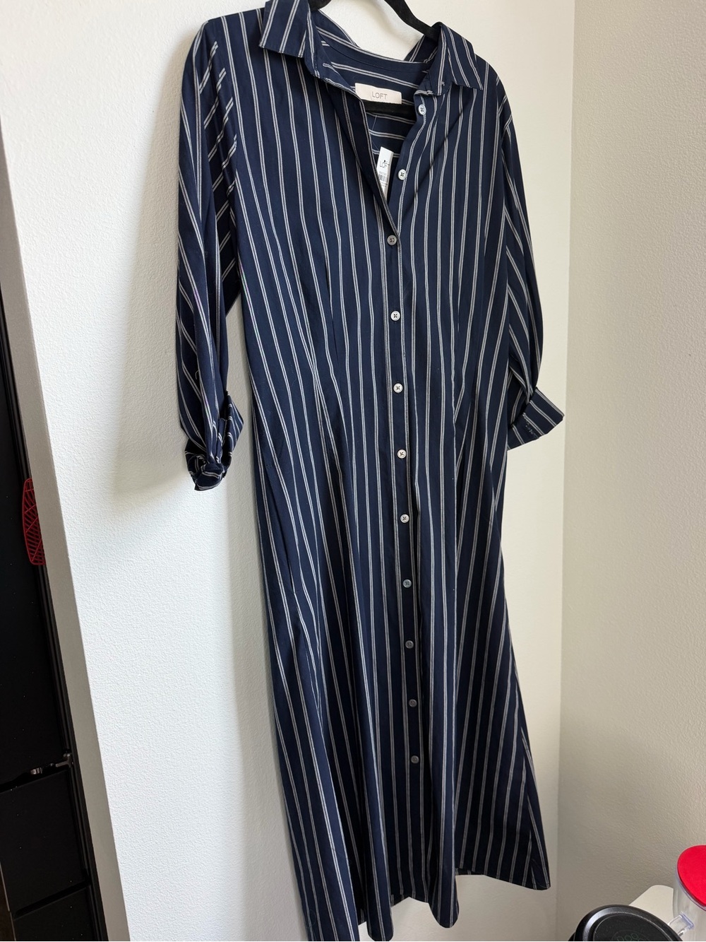 LOFT Navy Striped Button-Front Shirt Dress